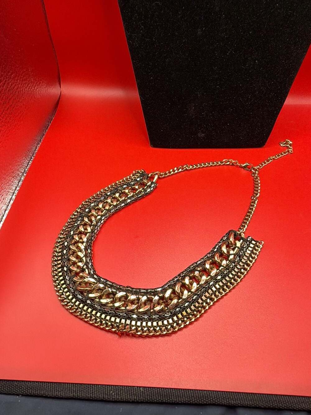 Layered Statement Necklace Multi-Chain Metal and Mesh Collar - Picture 7 of 7